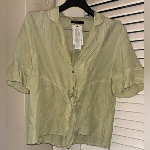 Maven West Green Flutter Sleeve Tie Front Blouse